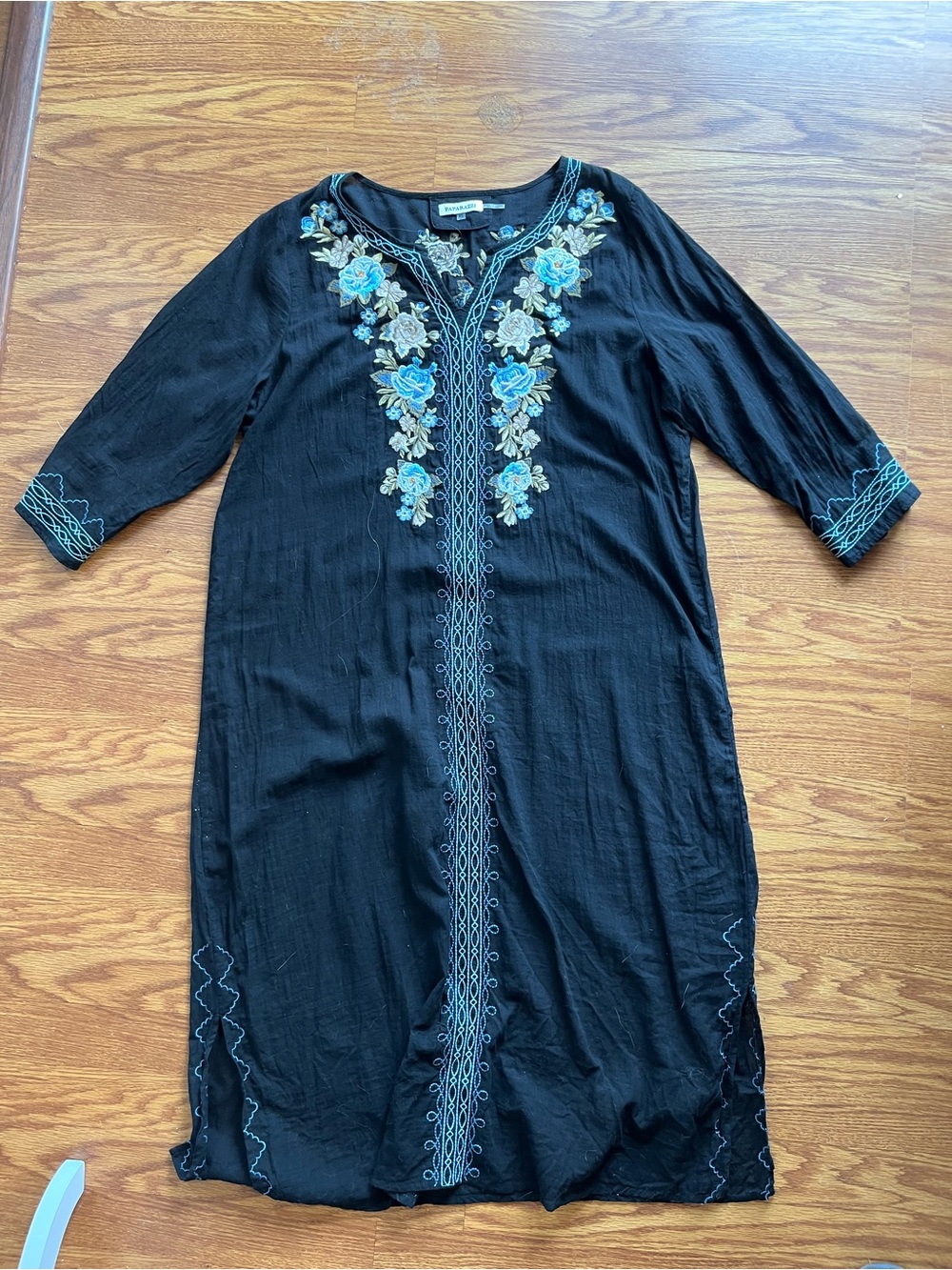 paparazzi Black Maxi Dress swim coverup with Blue and Cream Floral Embroidery - Picture 4 of 6